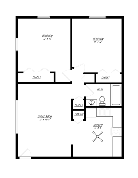 Floor plan for 2 beds, 1 bath